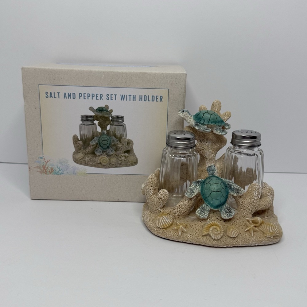 Cracker Barrel Salt And Pepper Set With Holder Turtles‎ Beach Coral